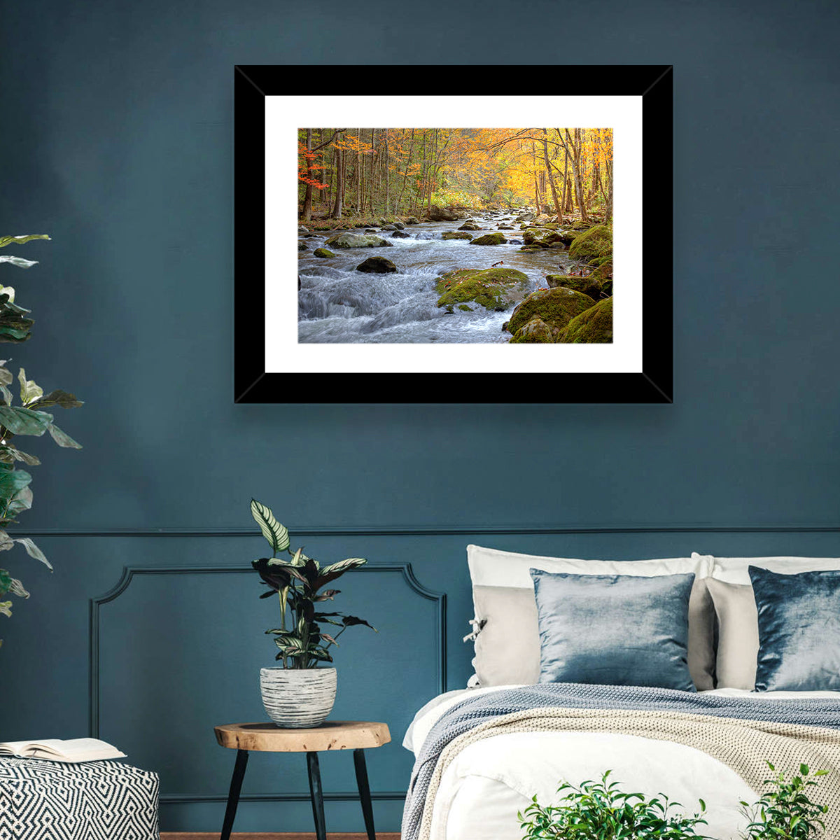 Autumn Mountain Stream Wall Art in a room, landscape