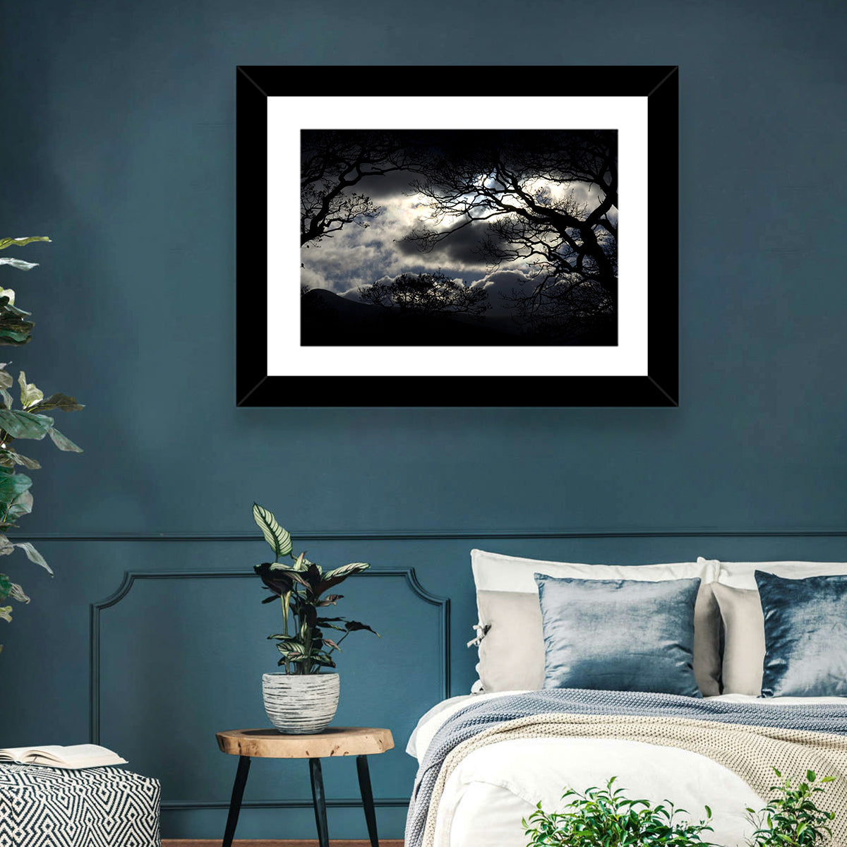 Storm Clouds Over Silhouetted Trees Wall Art in a room, landscape
