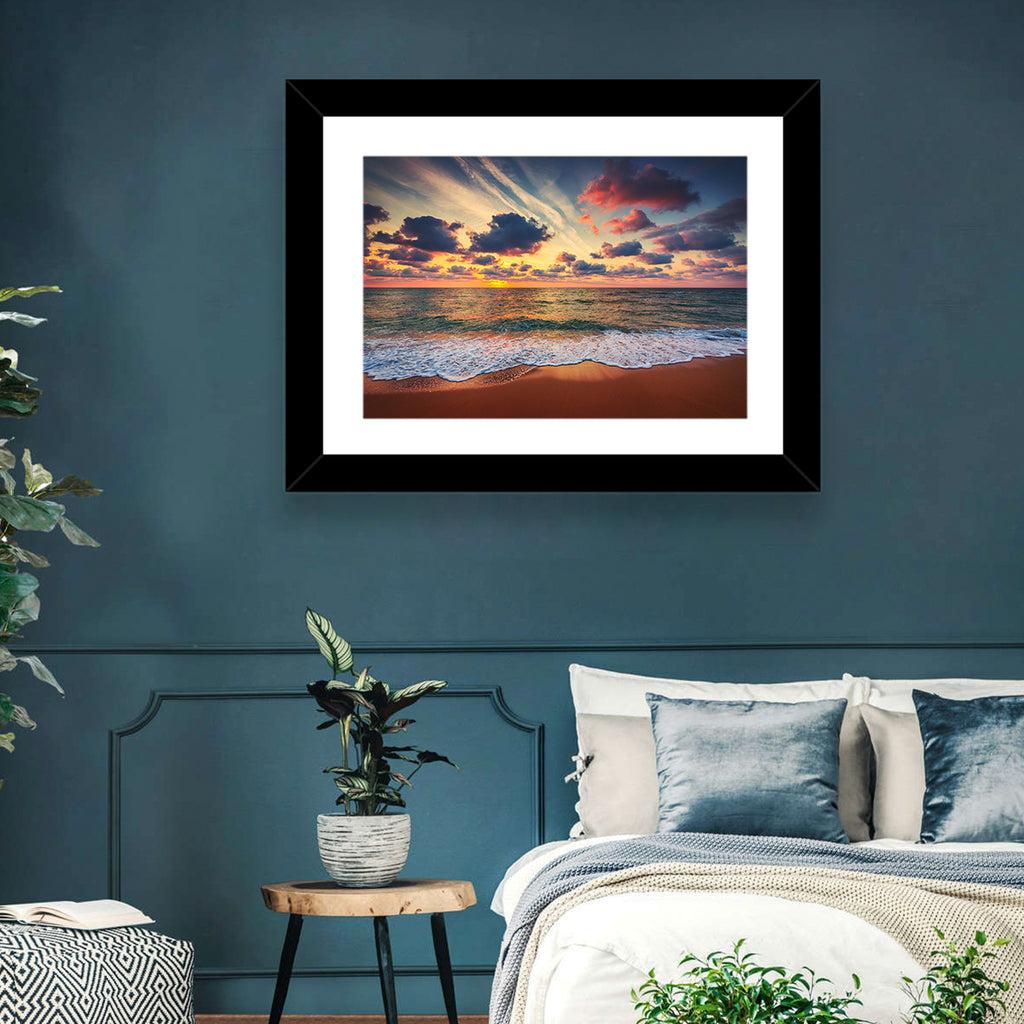 Golden Hour Beach Waves Under Cloudy Sky Wall Art