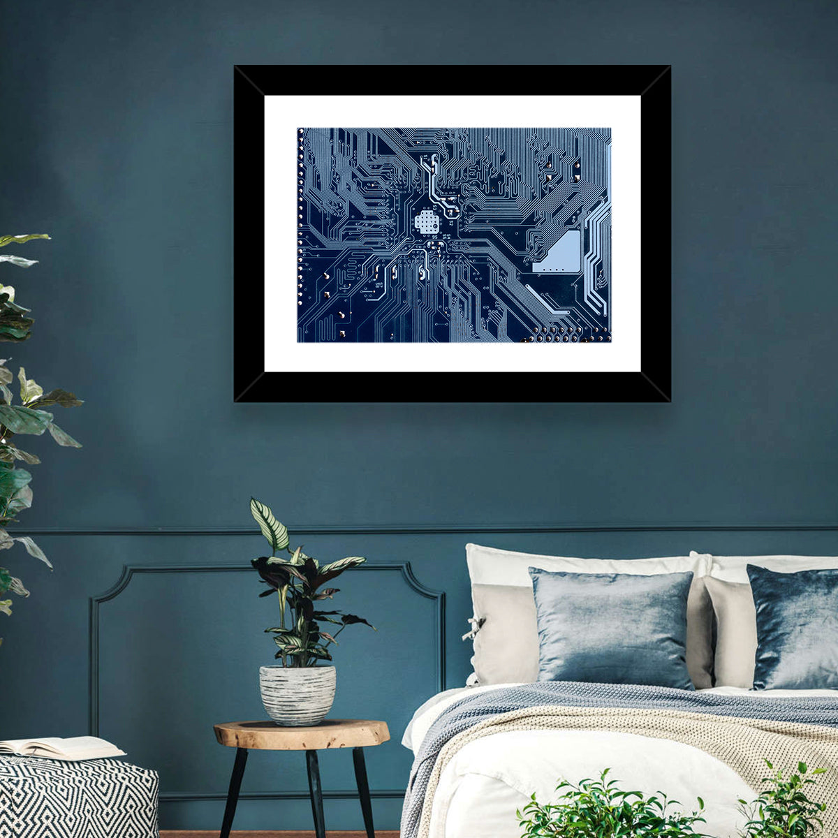 Blue Circuit Board Wall Art in a room, landscape