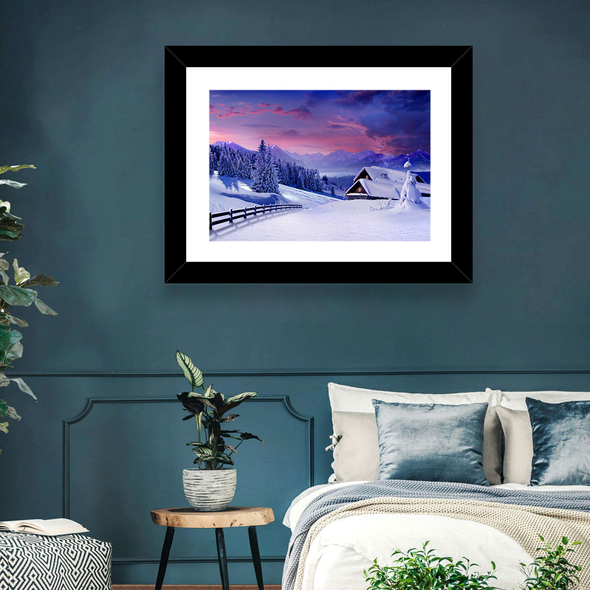 Snowy Mountain Cabin Wall Art in a room, landscape