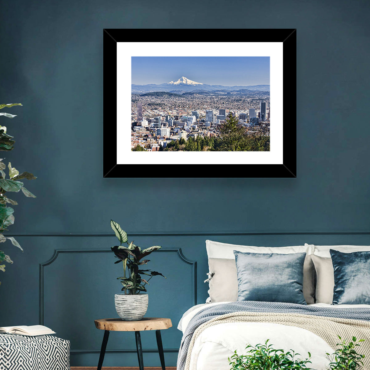 Portland Skyline with Mount Hood Wall Art in a room, landscape