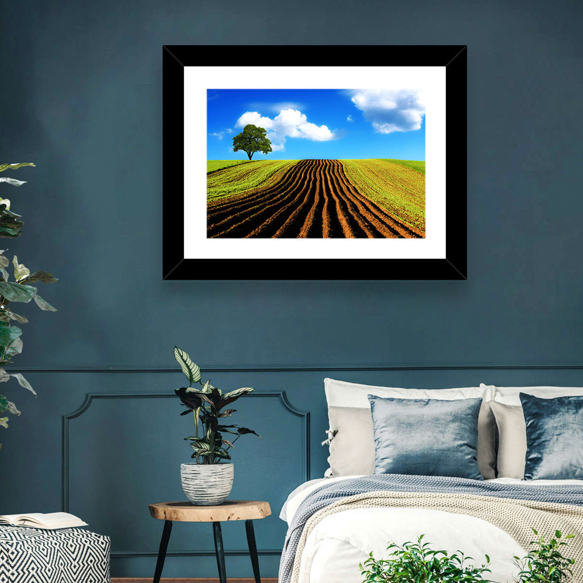 Plowed Field with Lone Tree Wall Art in a room, landscape