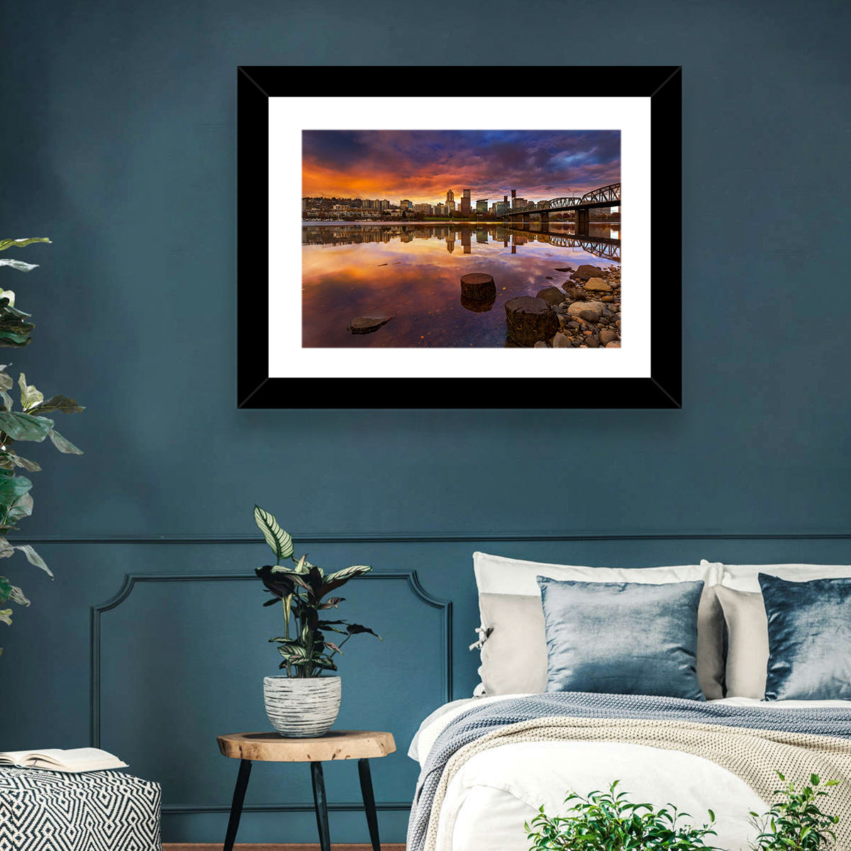 Portland Skyline at Sunset Wall Art in a room, landscape