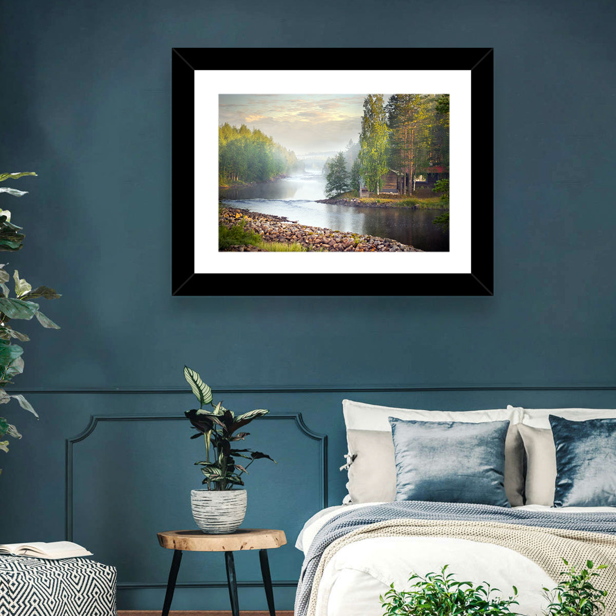 Misty River with Red Roof Cabin Wall Art in a room, landscape