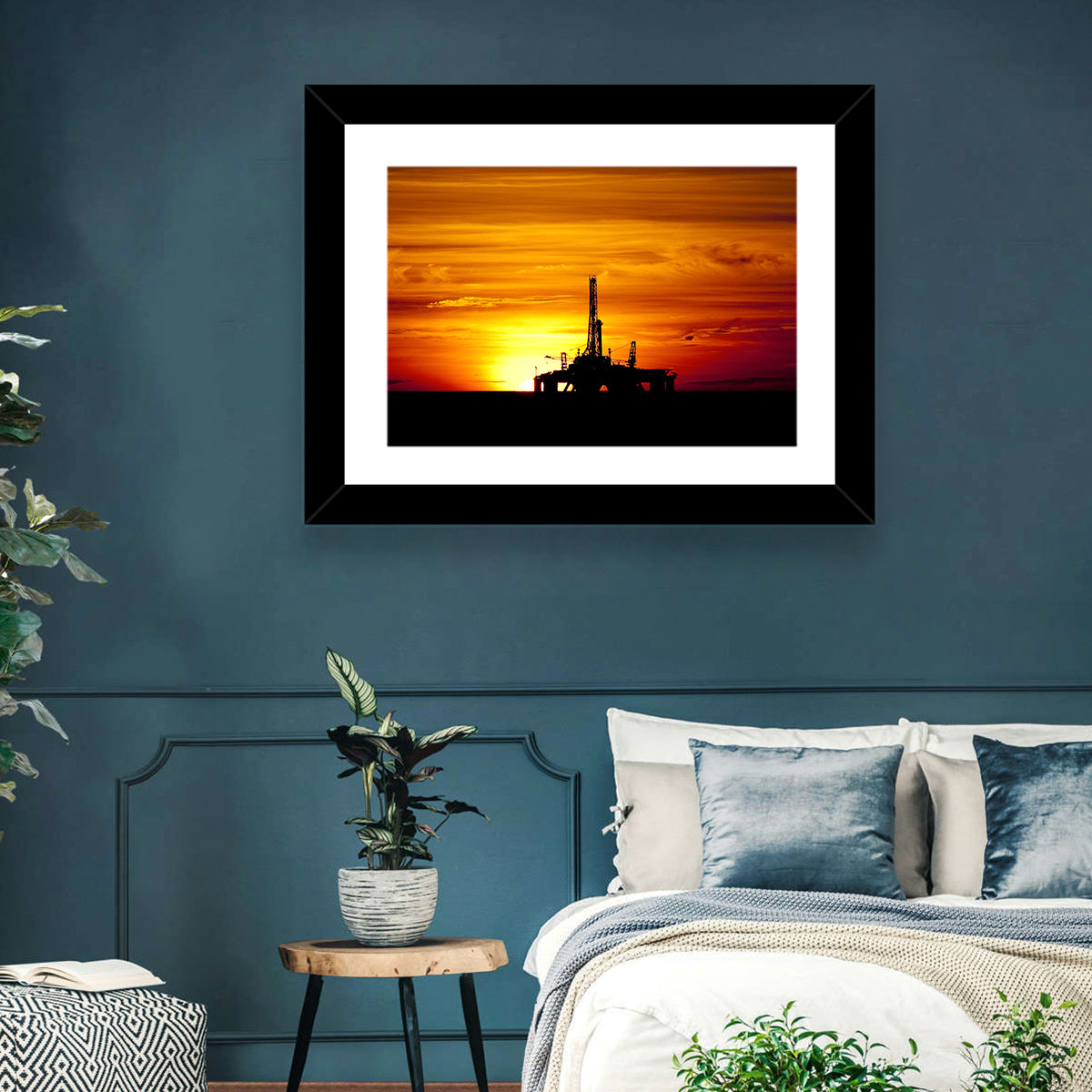Offshore Oil Rig at Sunset Wall Art in a room, landscape