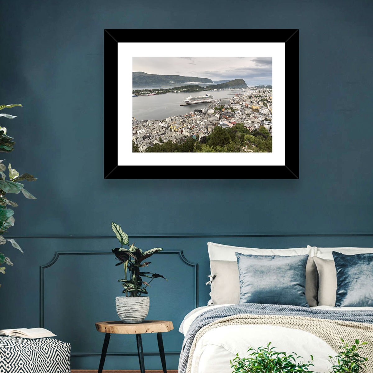 Alesund Harbor Cityscape Wall Art in a room, landscape