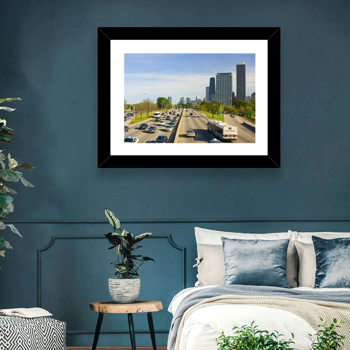 Chicago Expressway Toward Downtown Skyline Wall Art in a room, landscape