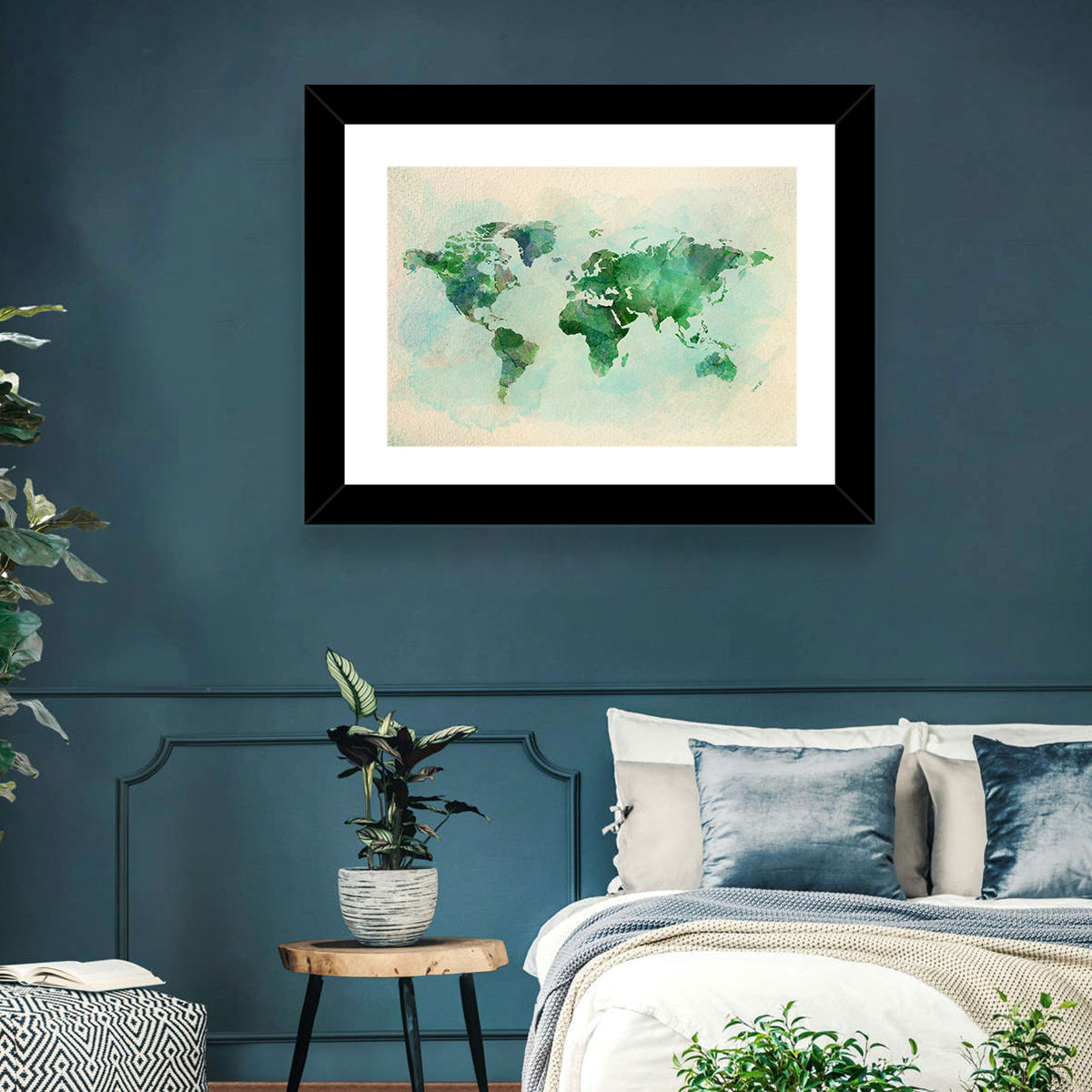 Green Watercolor World Map Wall Art in a room, landscape