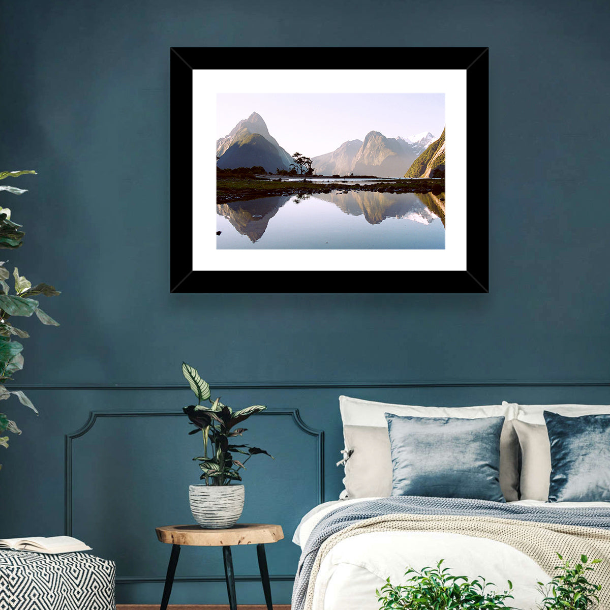Mitre Peak Reflection at Milford Sound Wall Art in a room, landscape