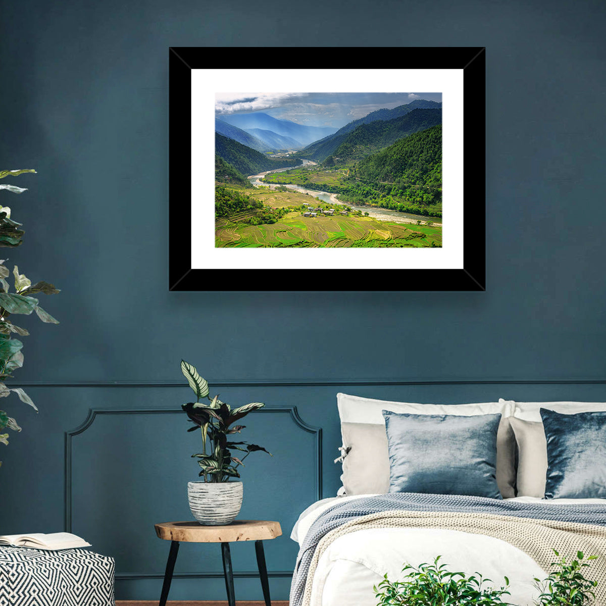 Punakha River Valley with Terraced Rice Fields Wall Art in a room, landscape