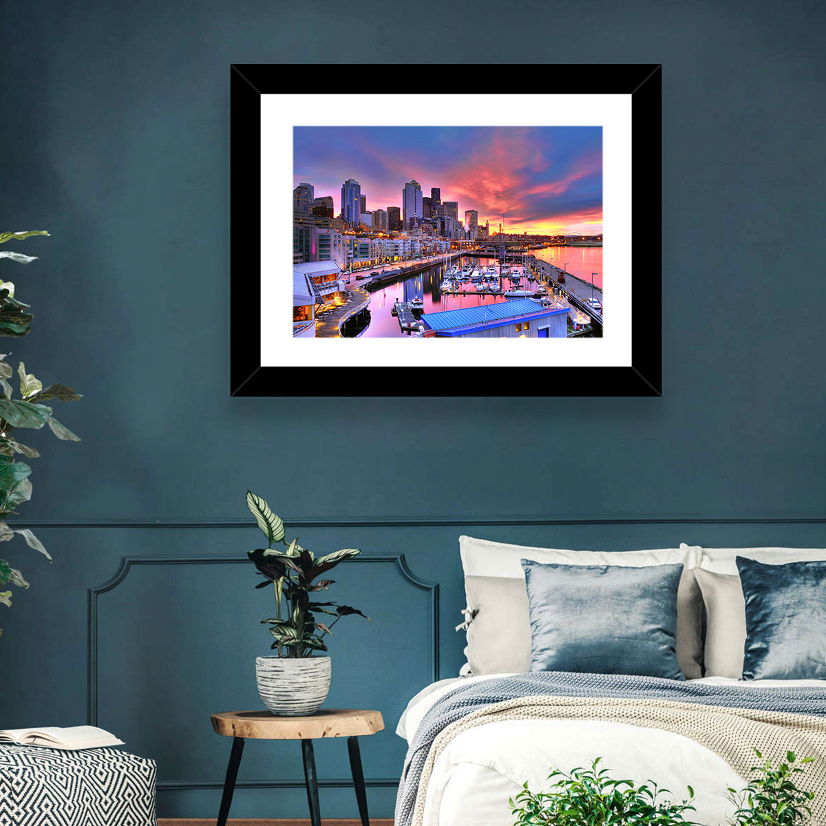 Seattle Skyline at Sunset Wall Art in a room, landscape