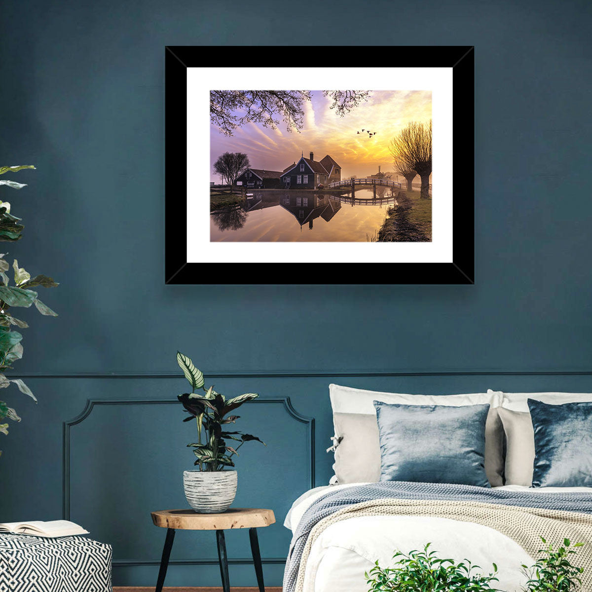 Dutch Canal House at Sunset Wall Art in a room, landscape