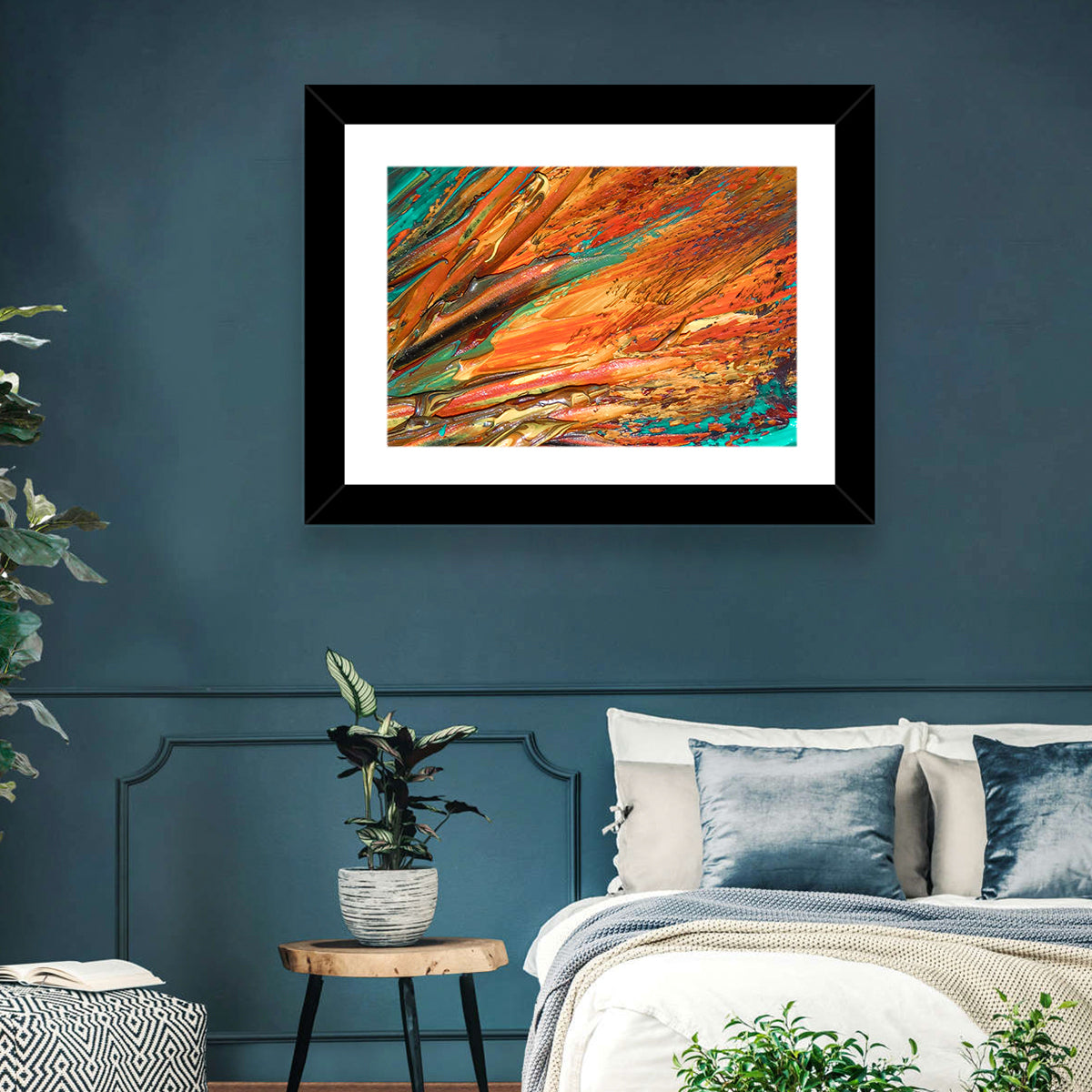 Flowing River Abstract in Orange and Teal Wall Art in a room, landscape