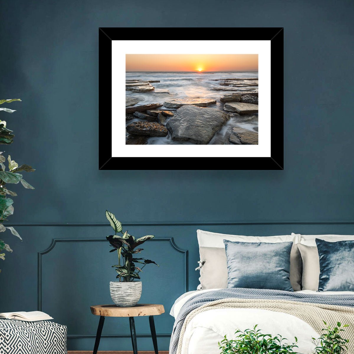 Golden Hour Rock Shoreline Sunset Wall Art in a room, landscape