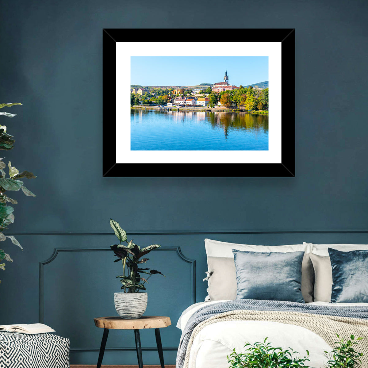 Roudnice Castle Riverbank Reflections Wall Art in a room, landscape
