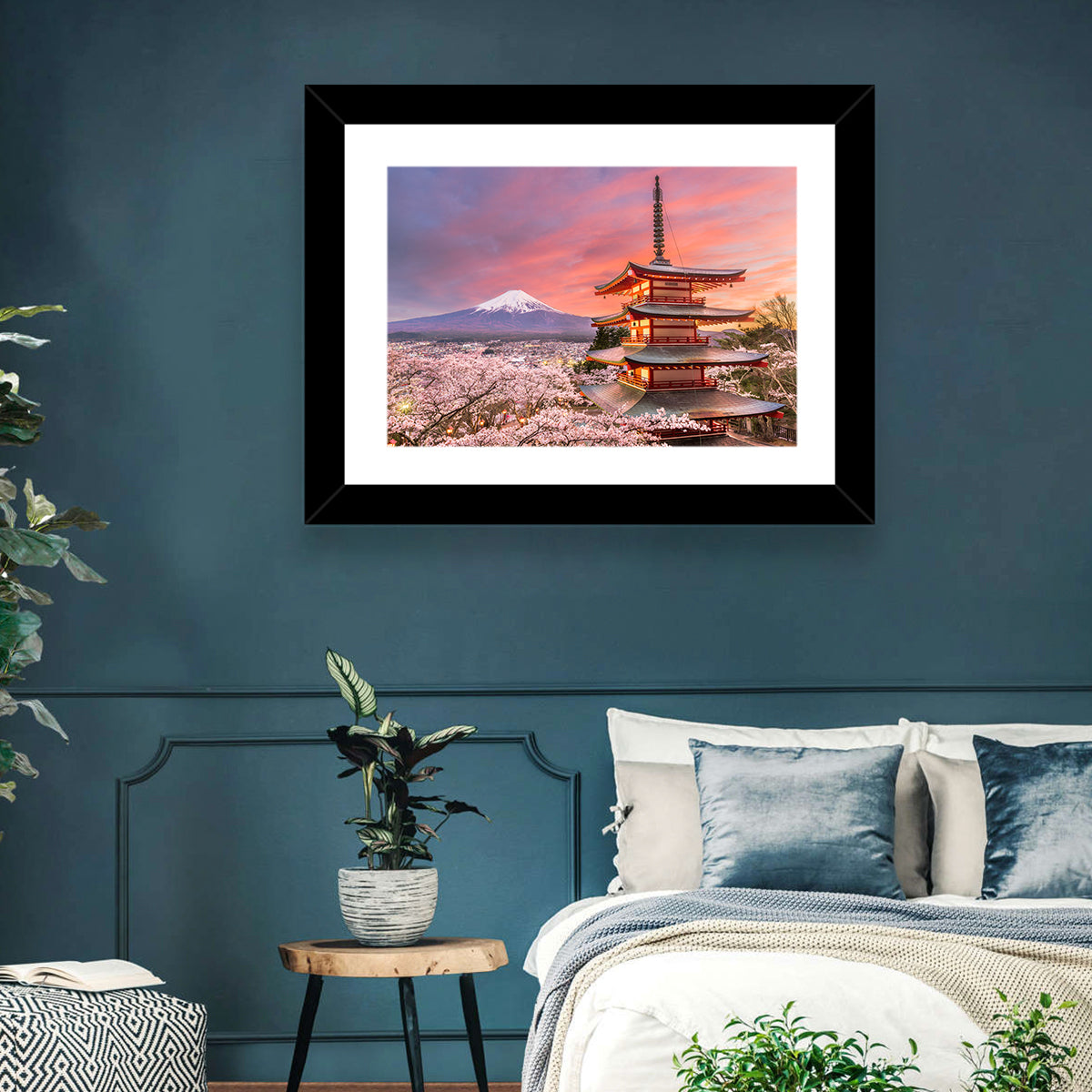 Chureito Pagoda and Mount Fuji at Sunset Wall Art in a room, landscape