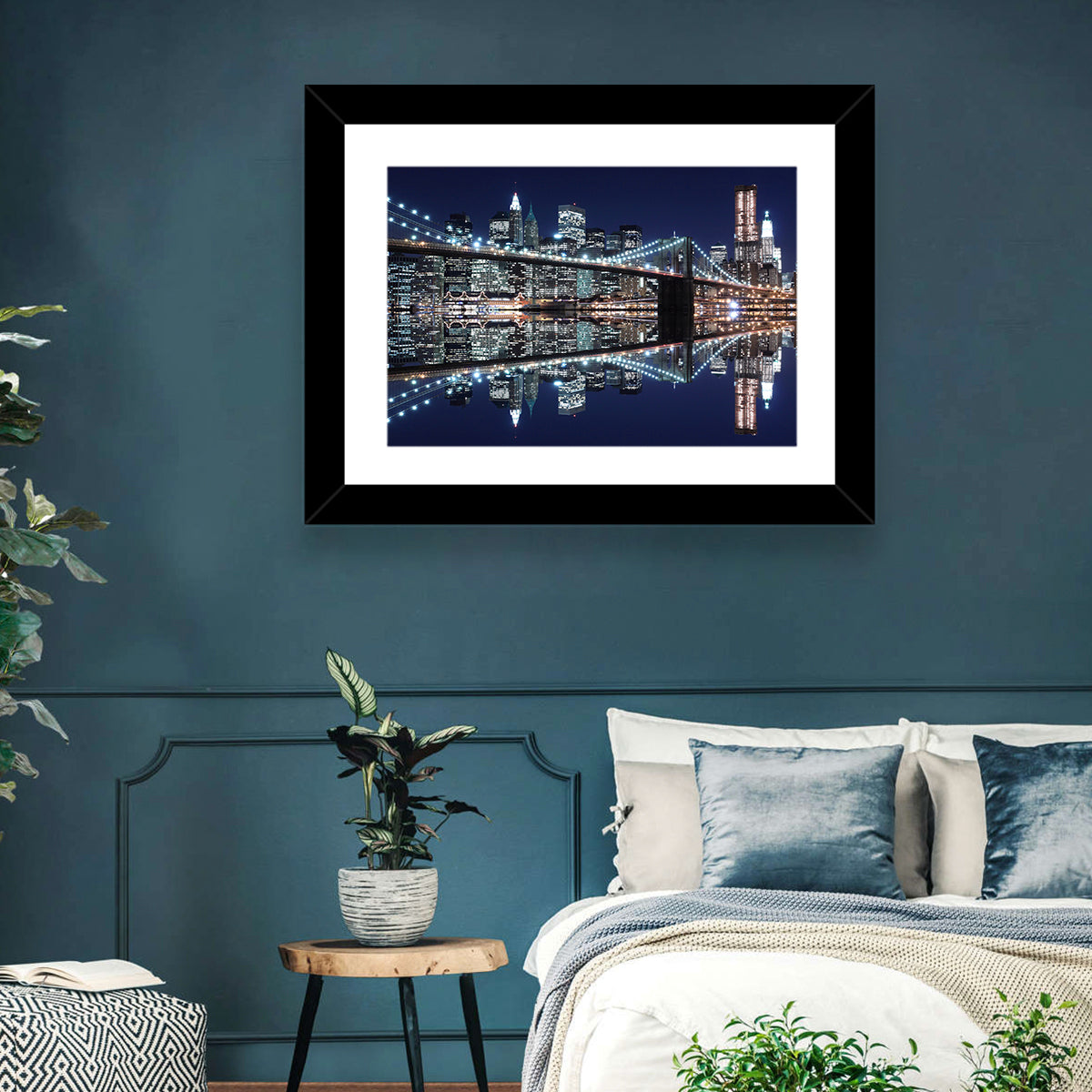 Brooklyn Bridge Symphony at Night Wall Art in a room, landscape