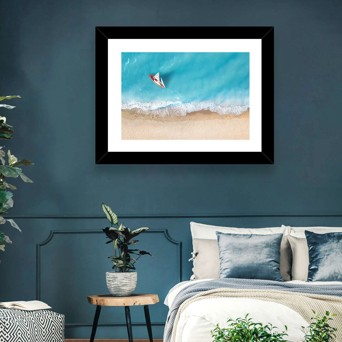 Centered Sailboat Over Turquoise Sea Wall Art in a room, landscape