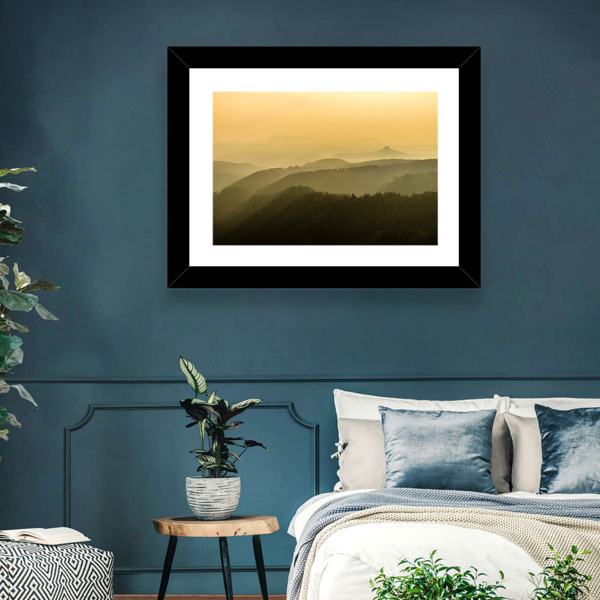 Misty Golden Ridge Landscape Wall Art in a room, landscape