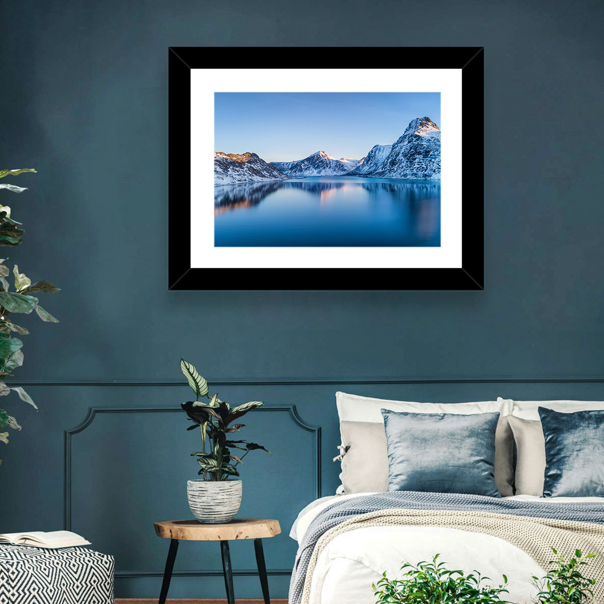 Snowy Lofoten Reflection Wall Art in a room, landscape