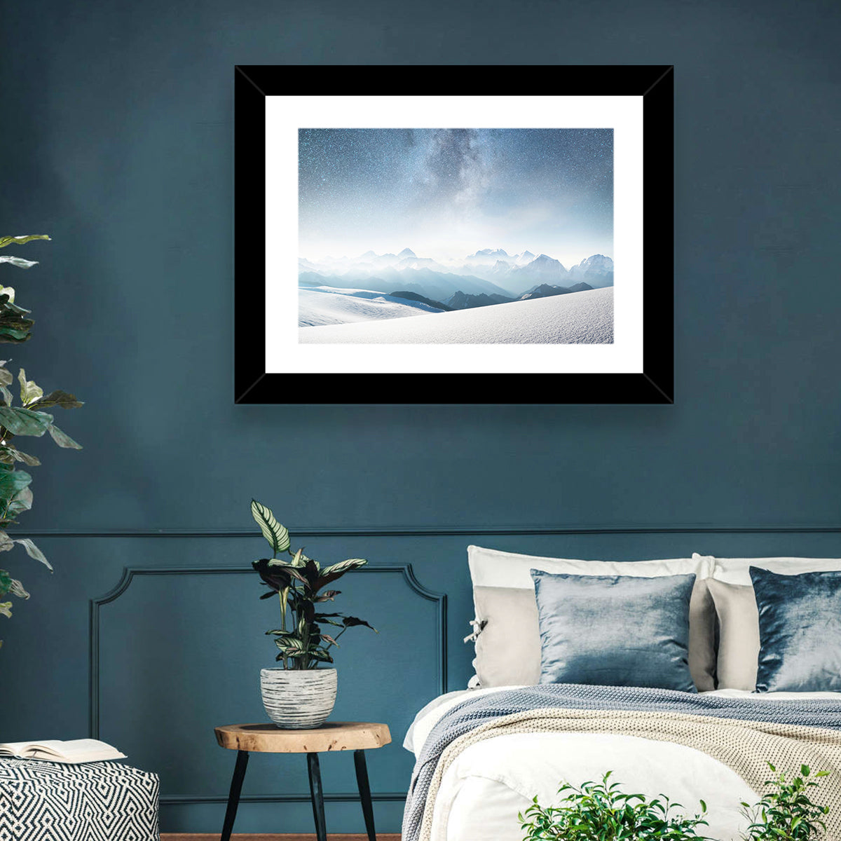 Starry Milky Way Over Snowy Peaks Wall Art in a room, landscape