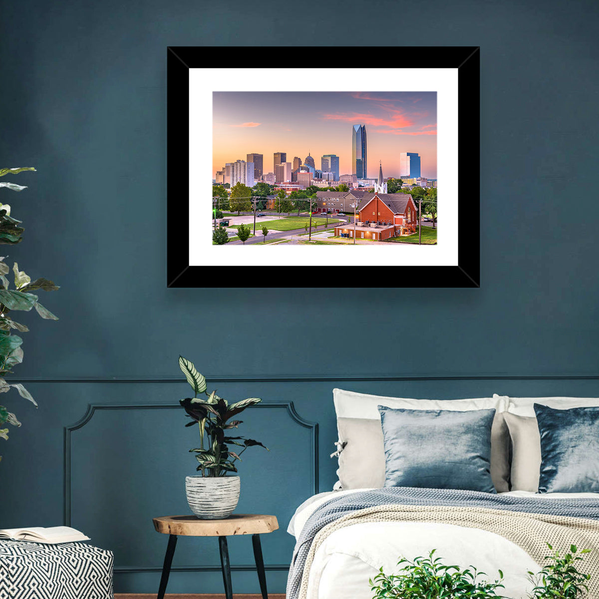 Oklahoma City Golden Hour Skyline Wall Art in a room, landscape