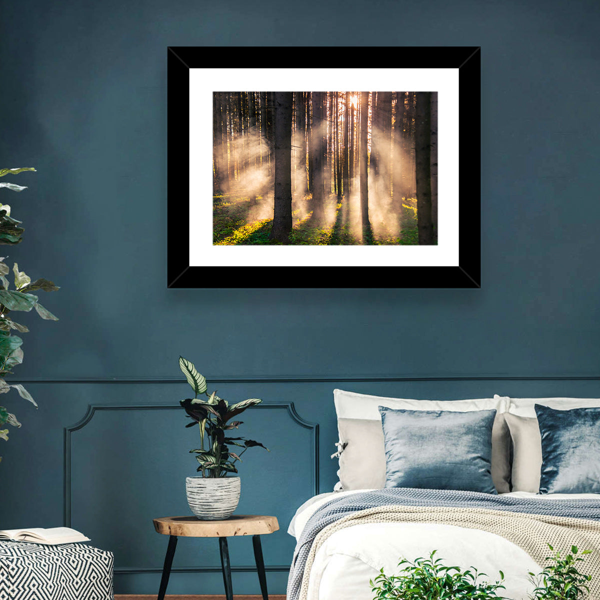 Sunrise Through Misty Forest Wall Art in a room, landscape