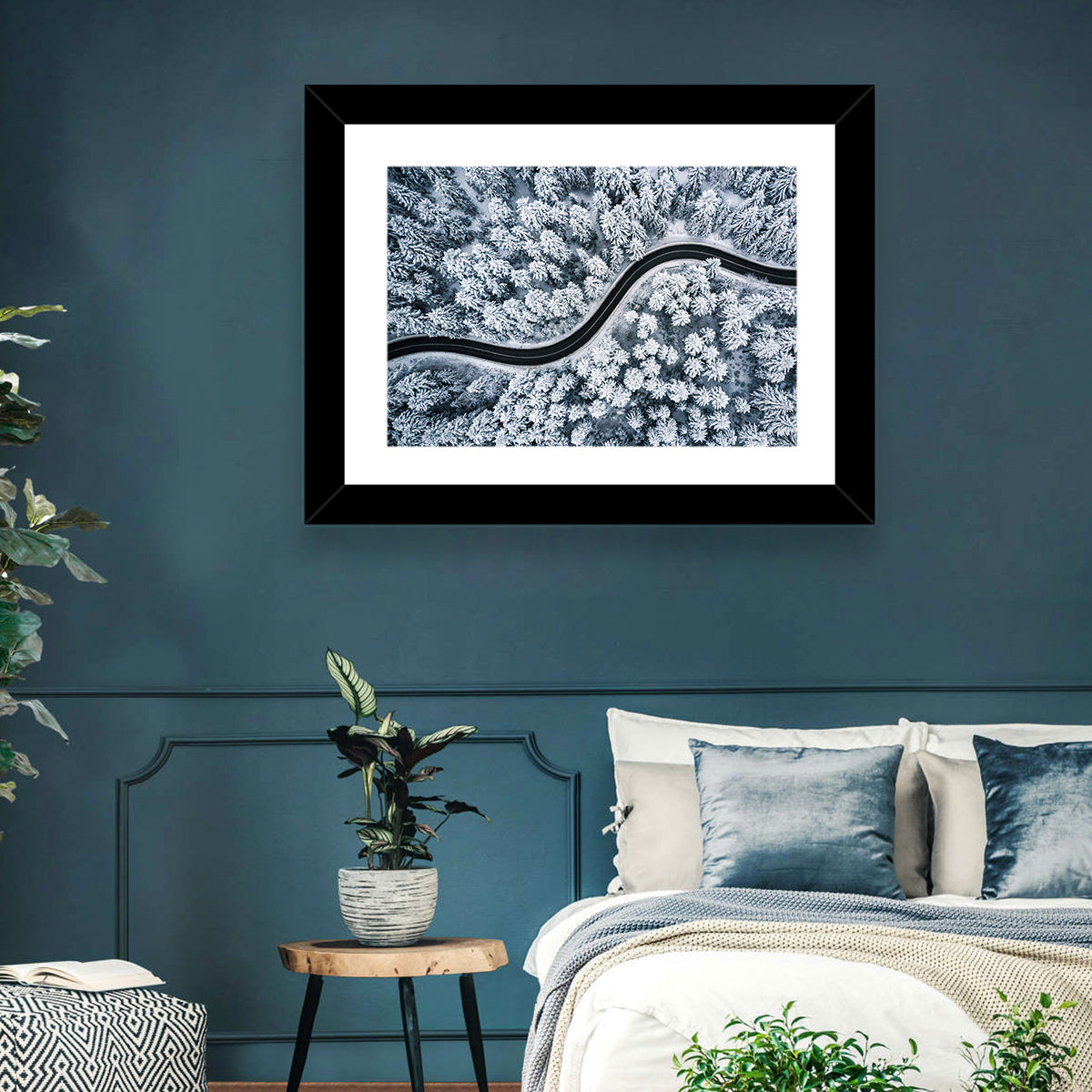 S-curve Winter Forest Road Wall Art in a room, landscape