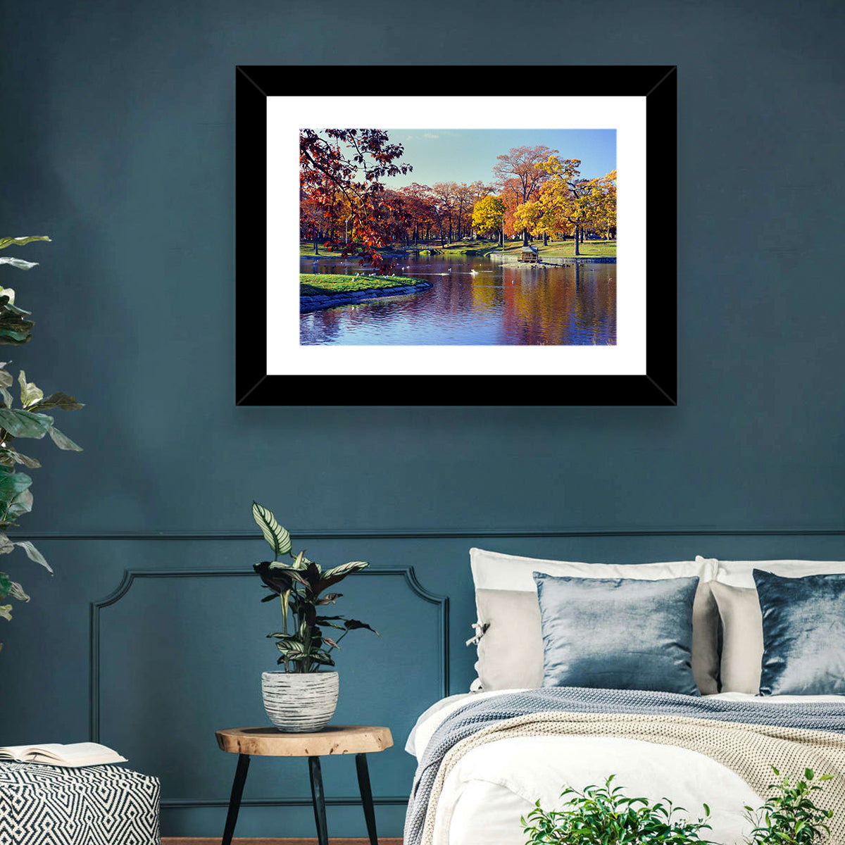 Deering Oaks Autumn Pond Wall Art in a room, landscape