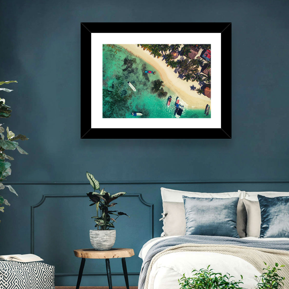 Aerial Tropical Shoreline with Six Boats Wall Art in a room, landscape