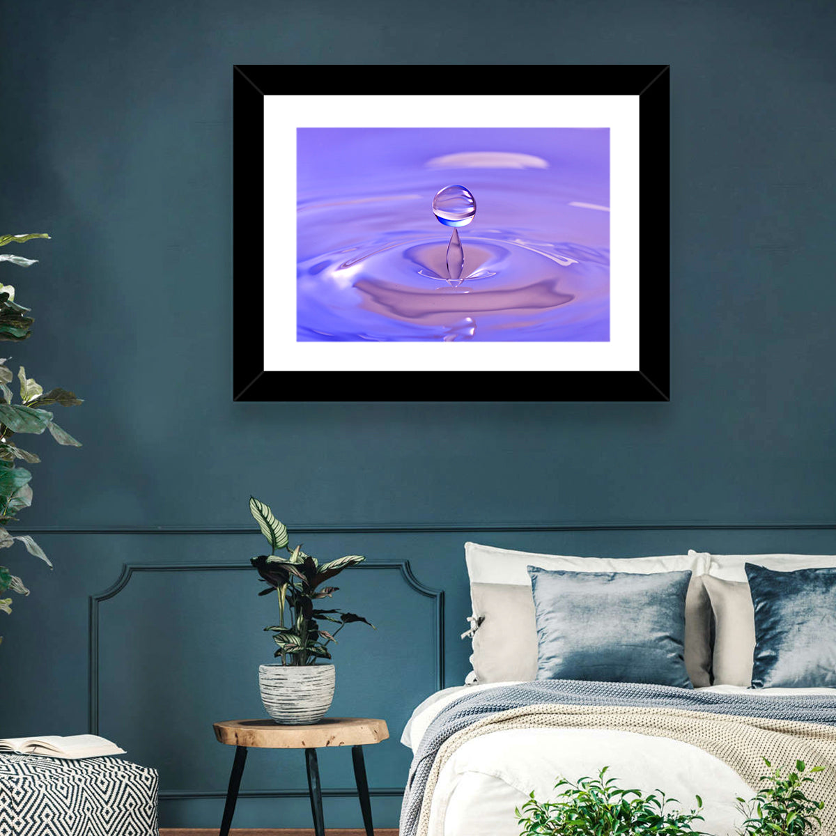 Purple Water Droplet Splash Wall Art in a room, landscape