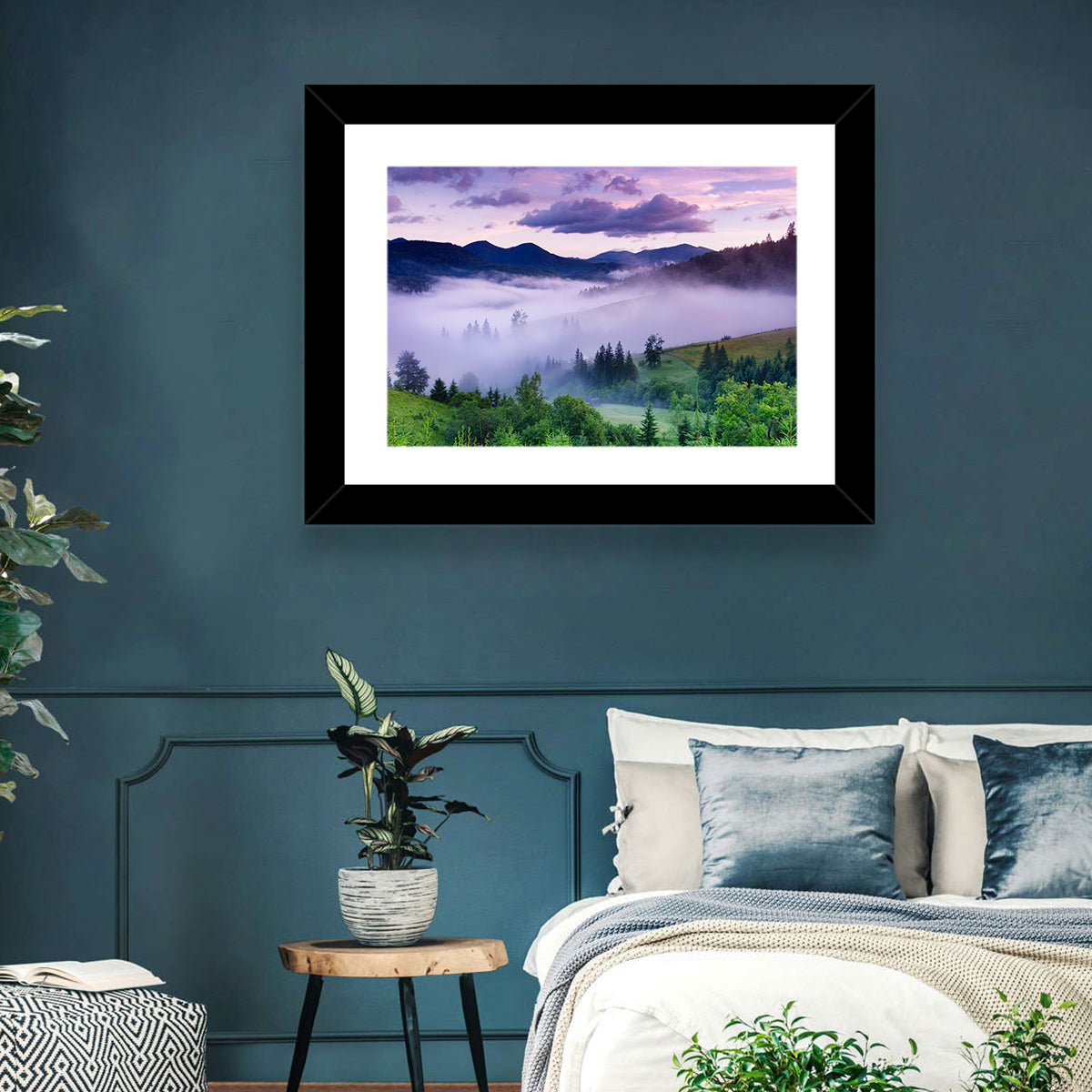 Misty Mountain Valley at Twilight Wall Art in a room, landscape
