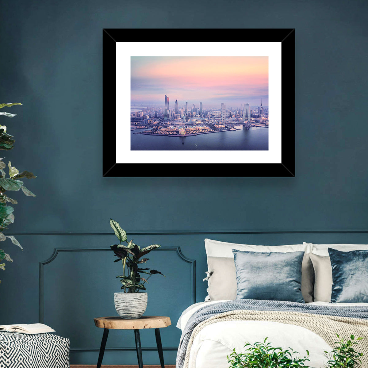 Kuwait City Twilight Skyline Wall Art in a room, landscape