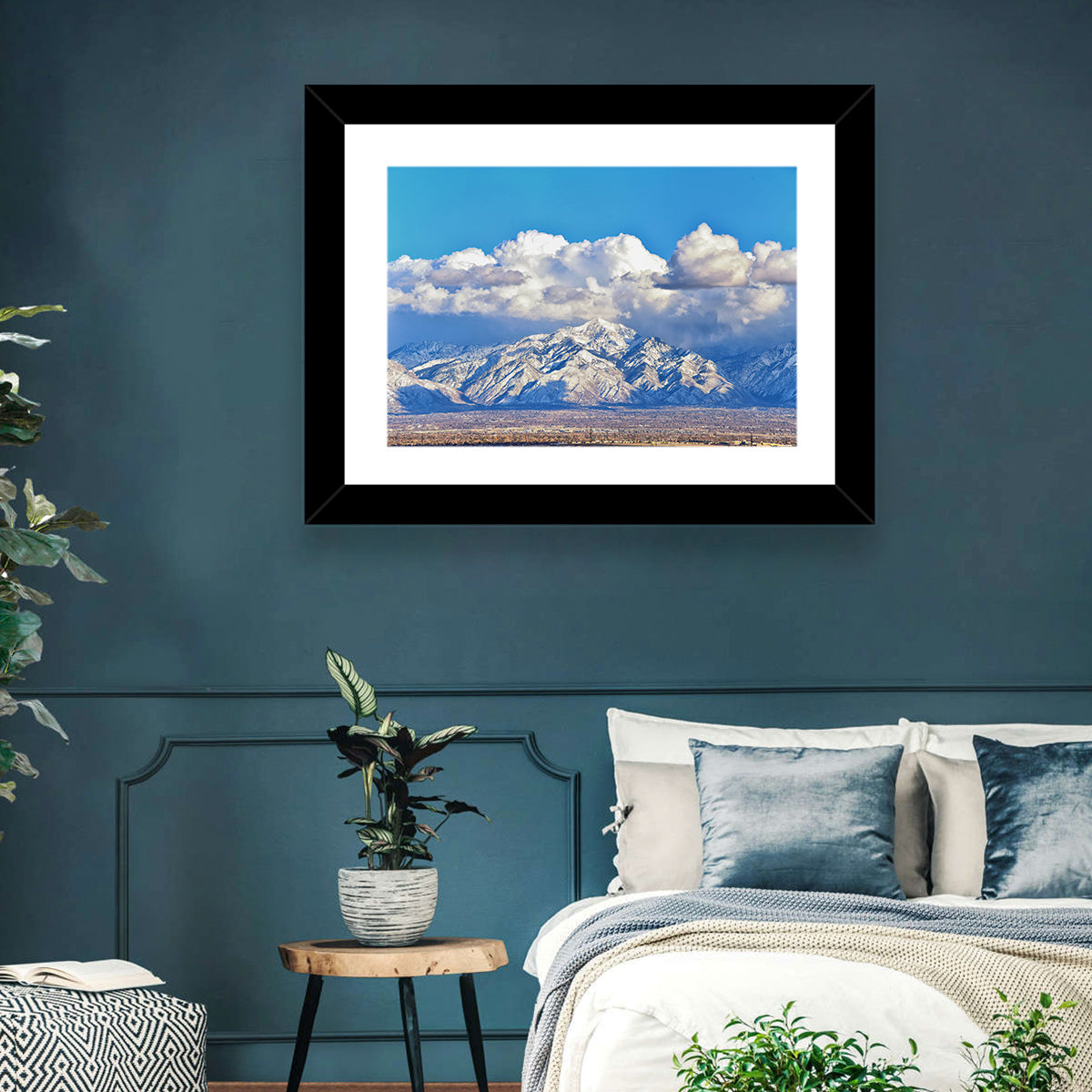 Wasatch Snow Capped Peaks Wall Art in a room, landscape