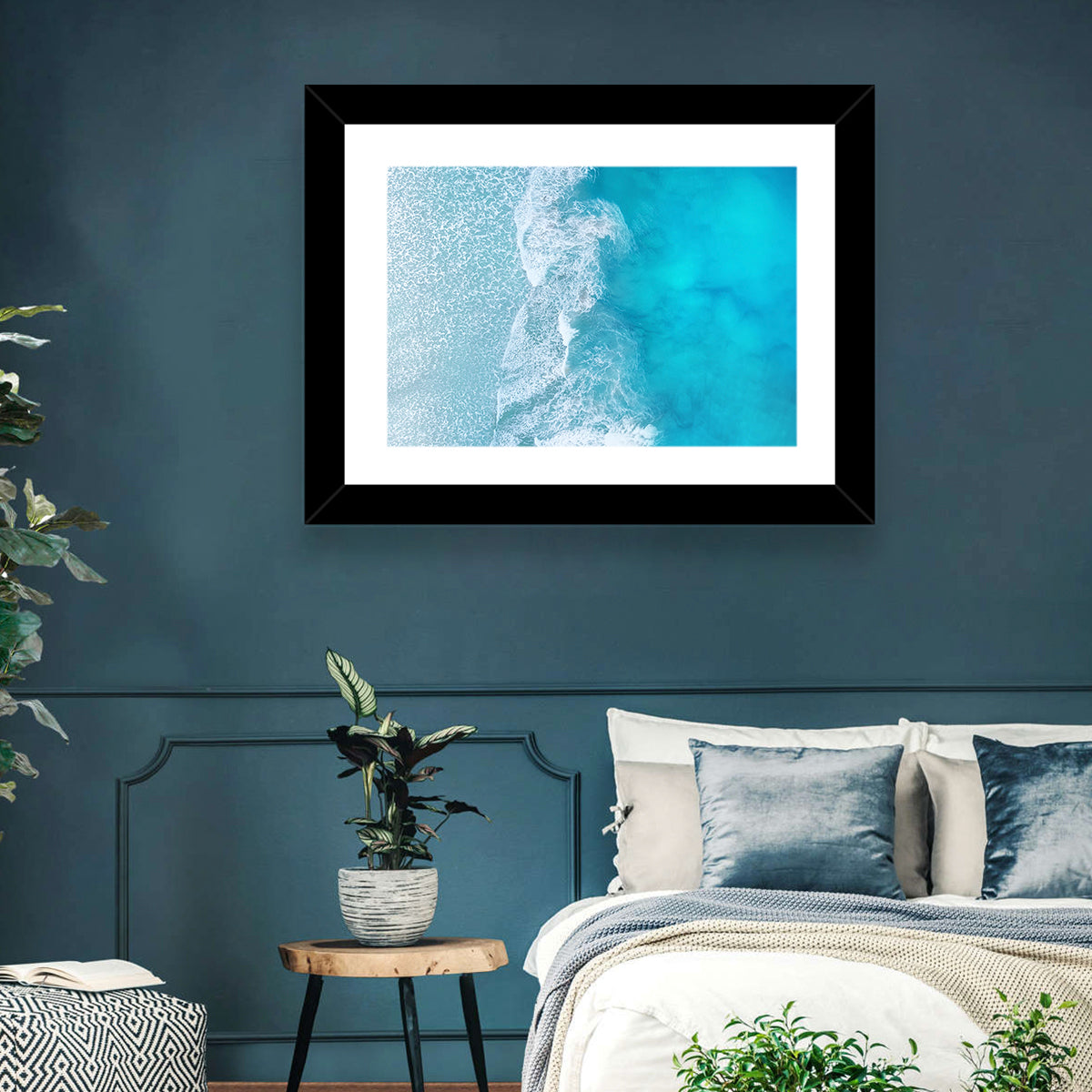 Turquoise Aerial Ocean Waves Wall Art in a room, landscape