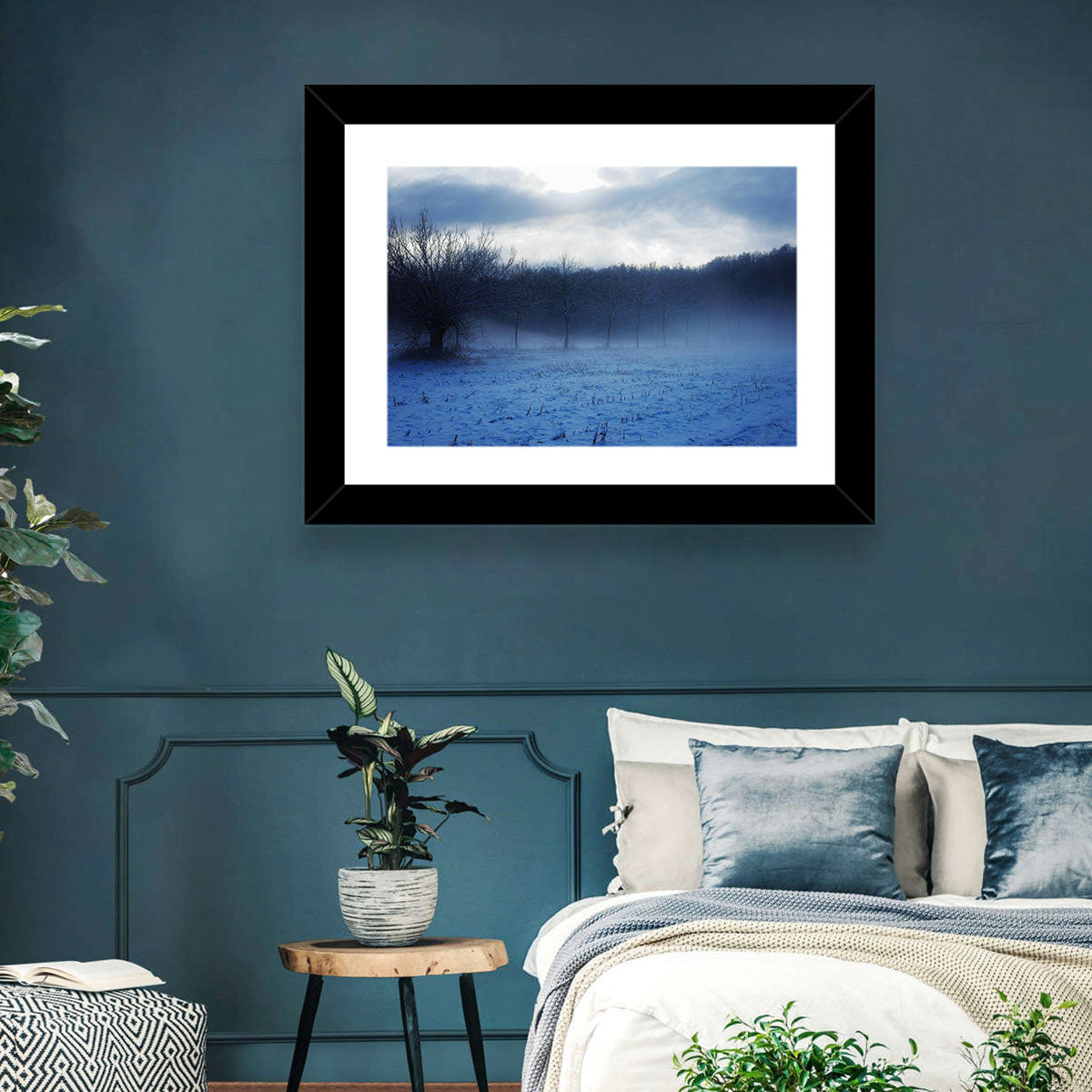 Snowy Italian Countryside Wall Art in a room, landscape
