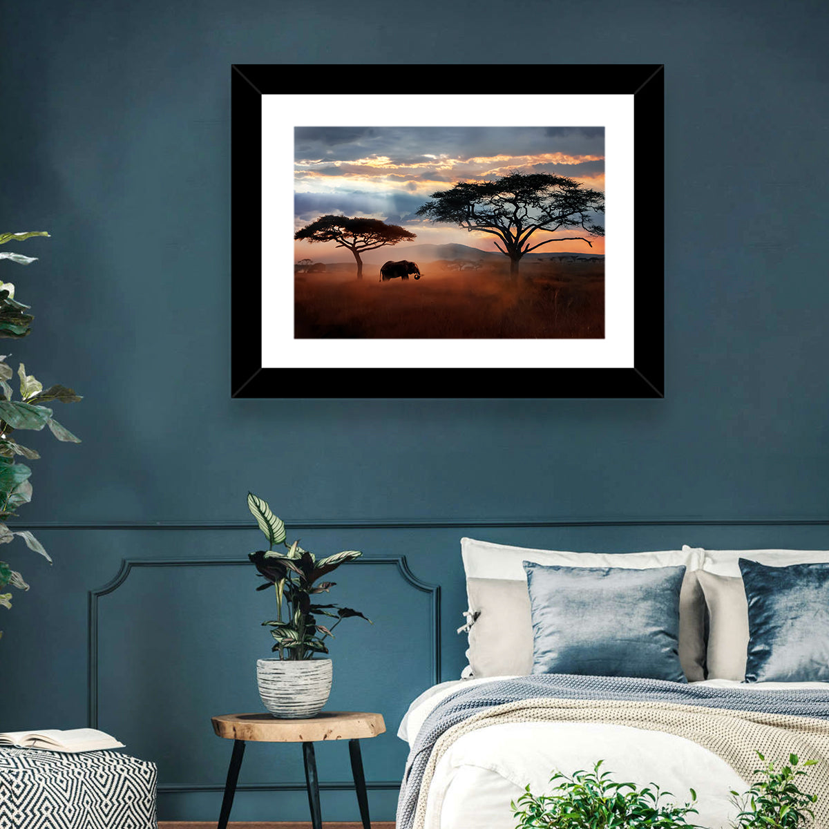 Savanna Elephant at Sunset Wall Art in a room, landscape