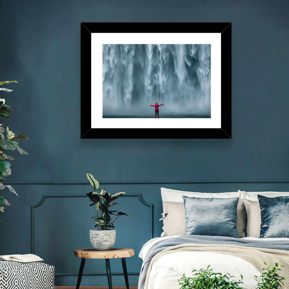 Skogafoss Waterfall with Figure in Pink Wall Art in a room, landscape