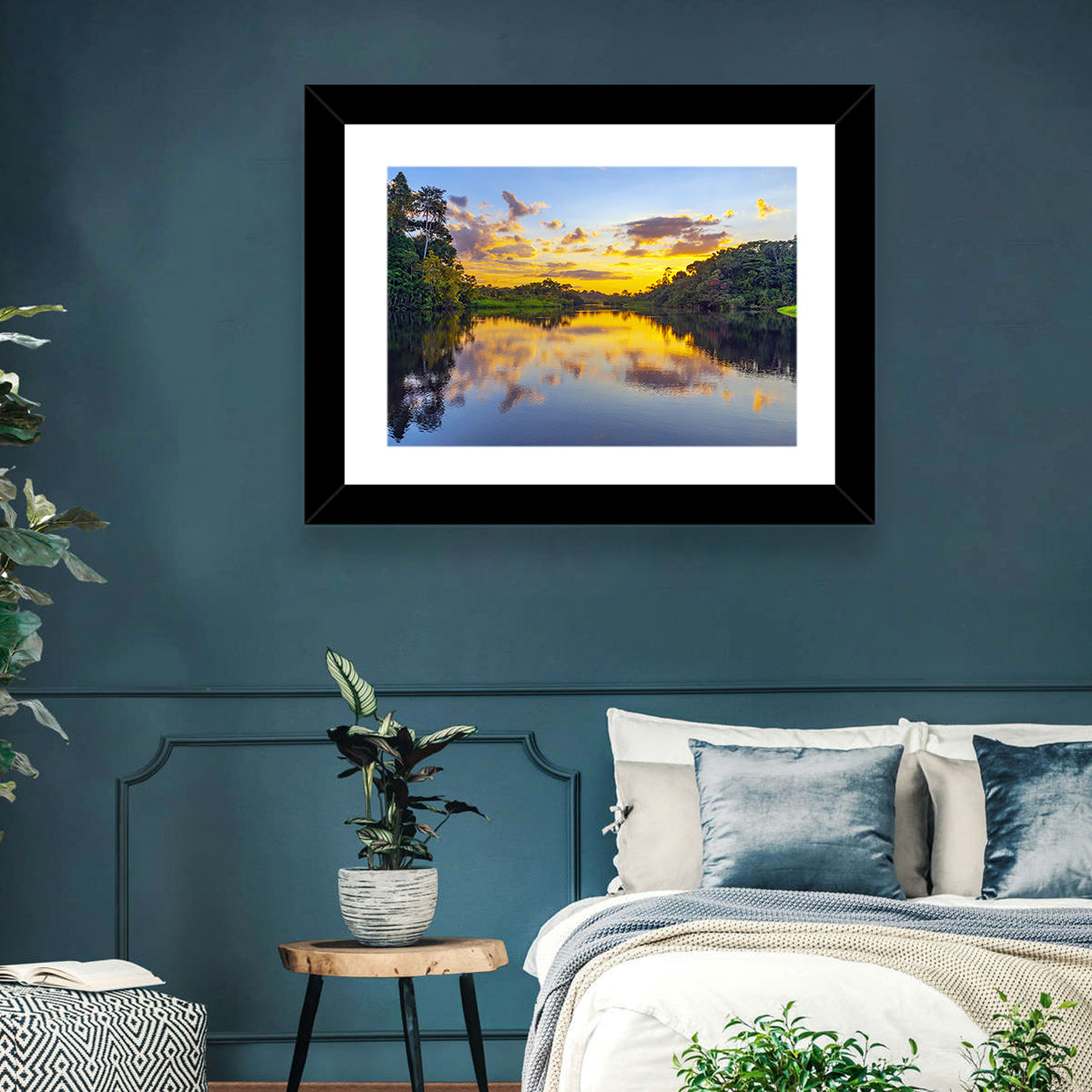 Amazon River Sunset Reflection Wall Art in a room, landscape