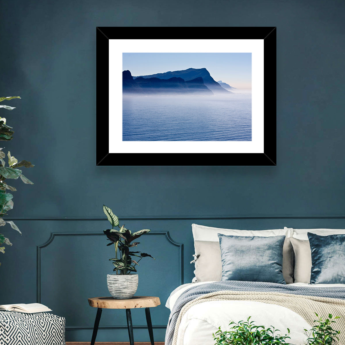 Misty Coastal Cliffs and Mountain Layers Wall Art in a room, landscape