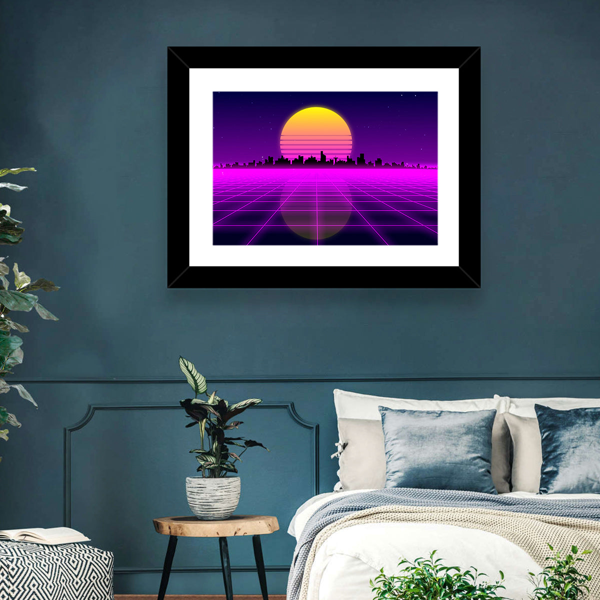 Neon Sunrise Skyline Wall Art in a room, landscape