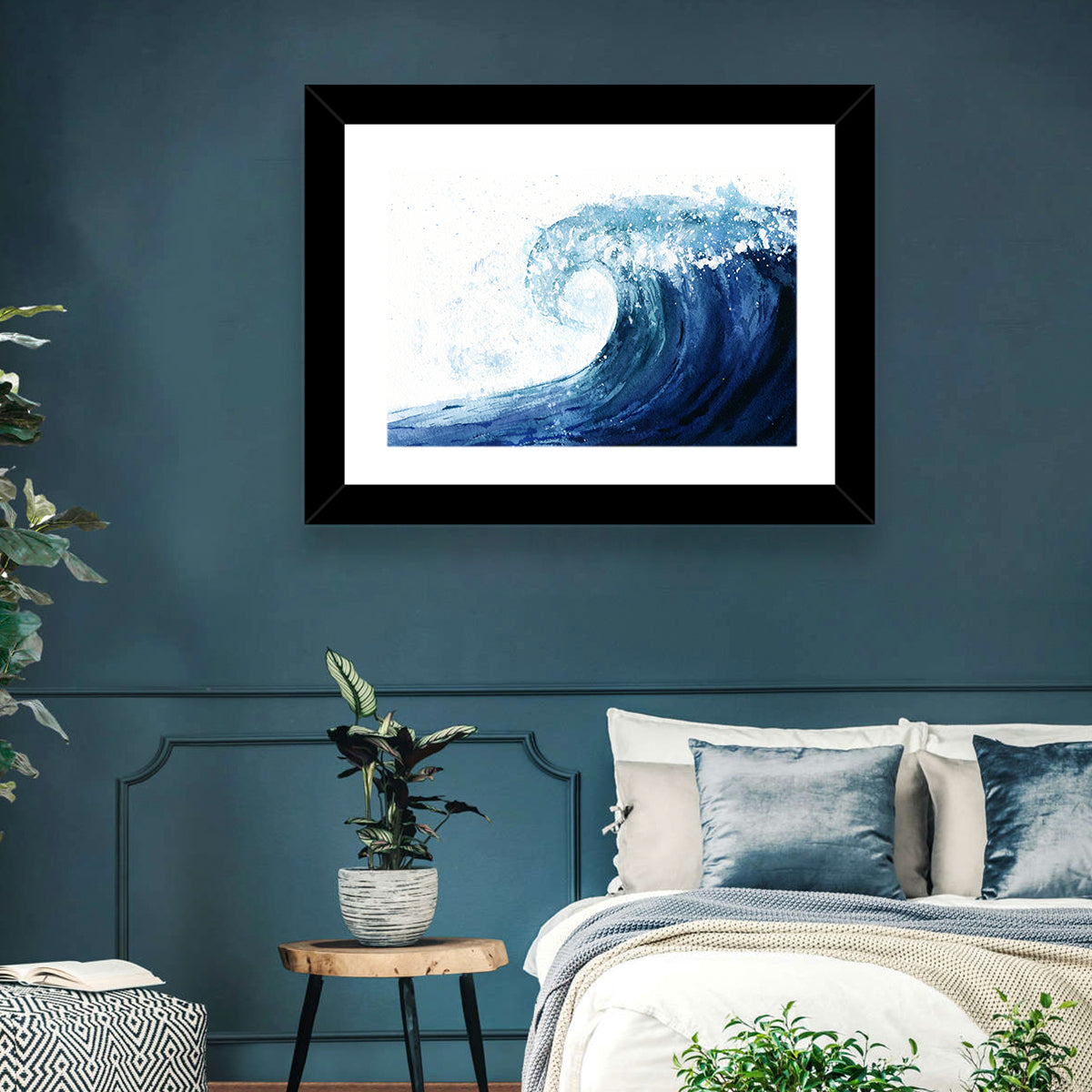 Watercolor Cresting Wave Wall Art in a room, landscape
