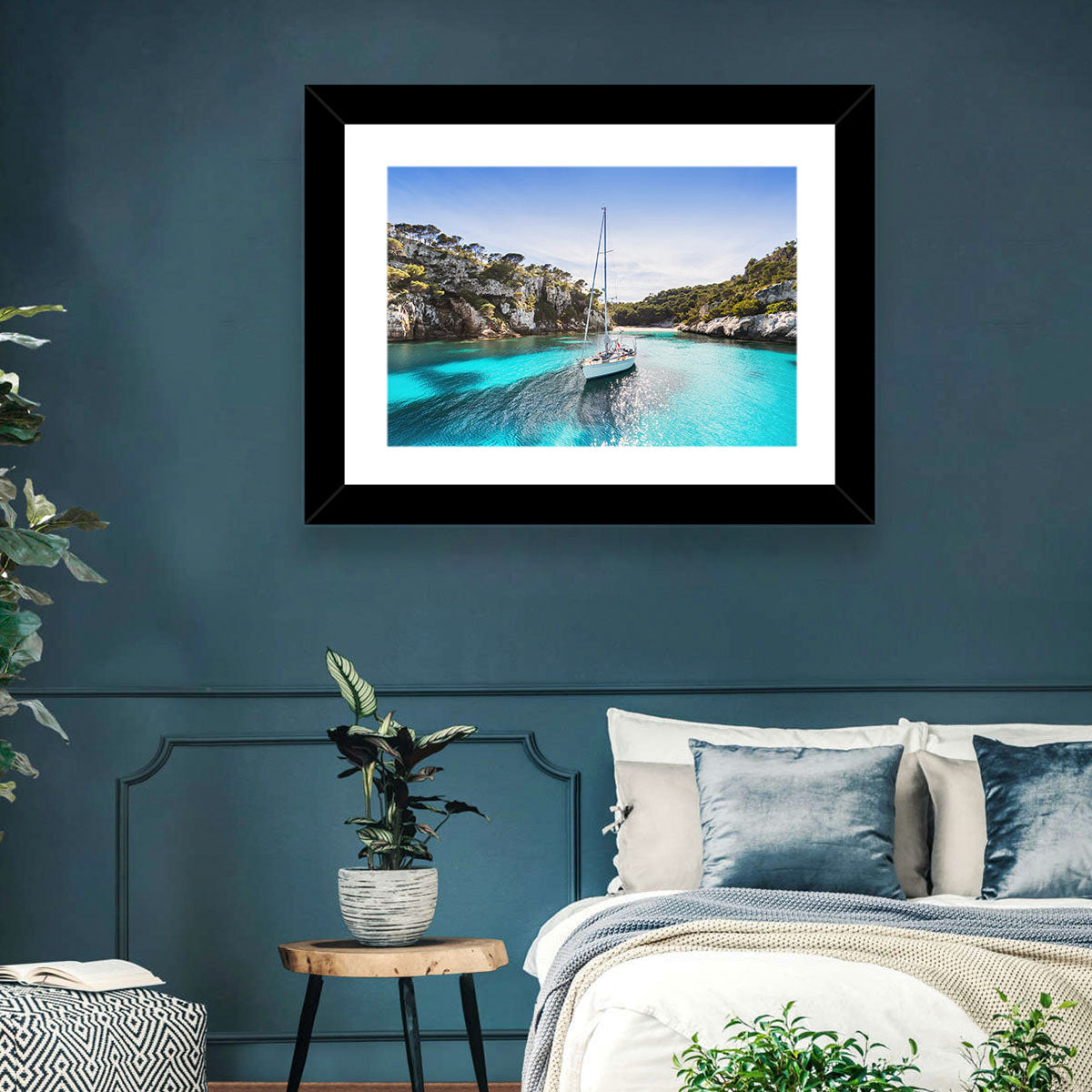 Menorca Cove Sailboat Wall Art in a room, landscape