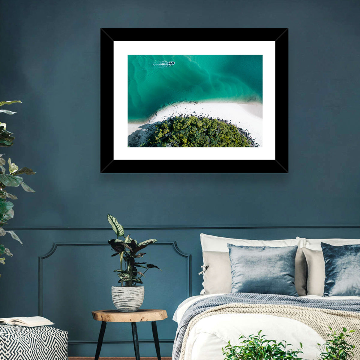 Clam Beach Aerial View Wall Art in a room, landscape