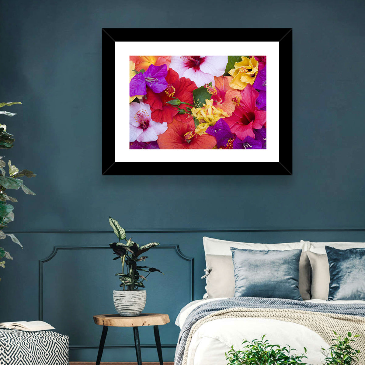 Tropical Bougainvillea and Hibiscus Bloom Wall Art in a room, landscape