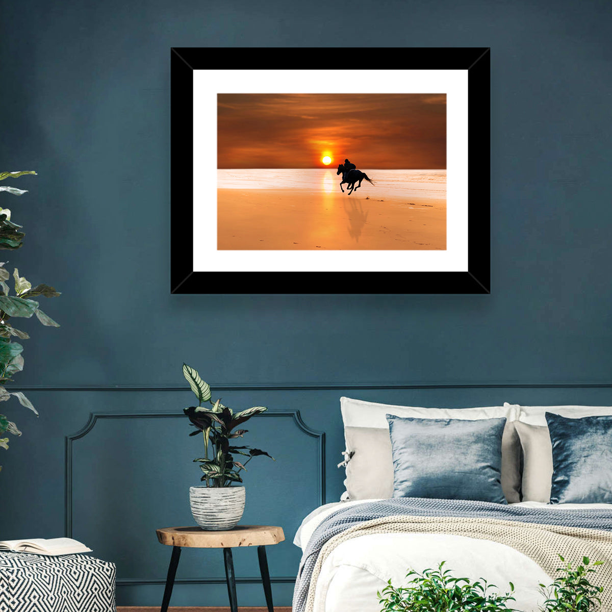 Horse and Rider at Sunset Wall Art in a room, landscape