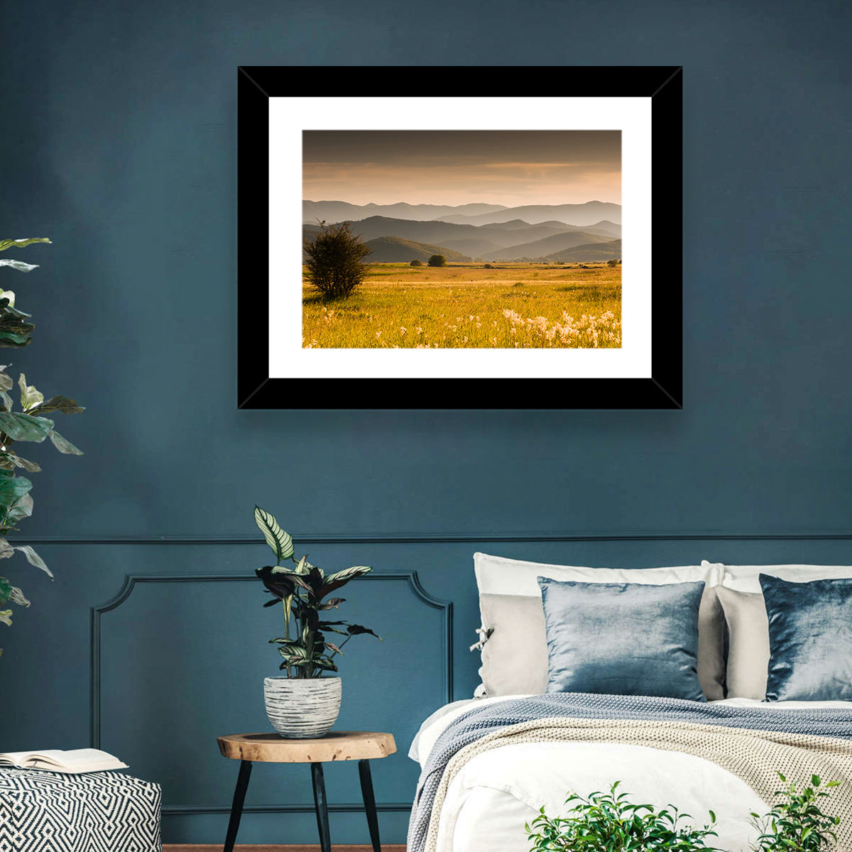 Golden Hour Countryside Hills Wall Art in a room, landscape