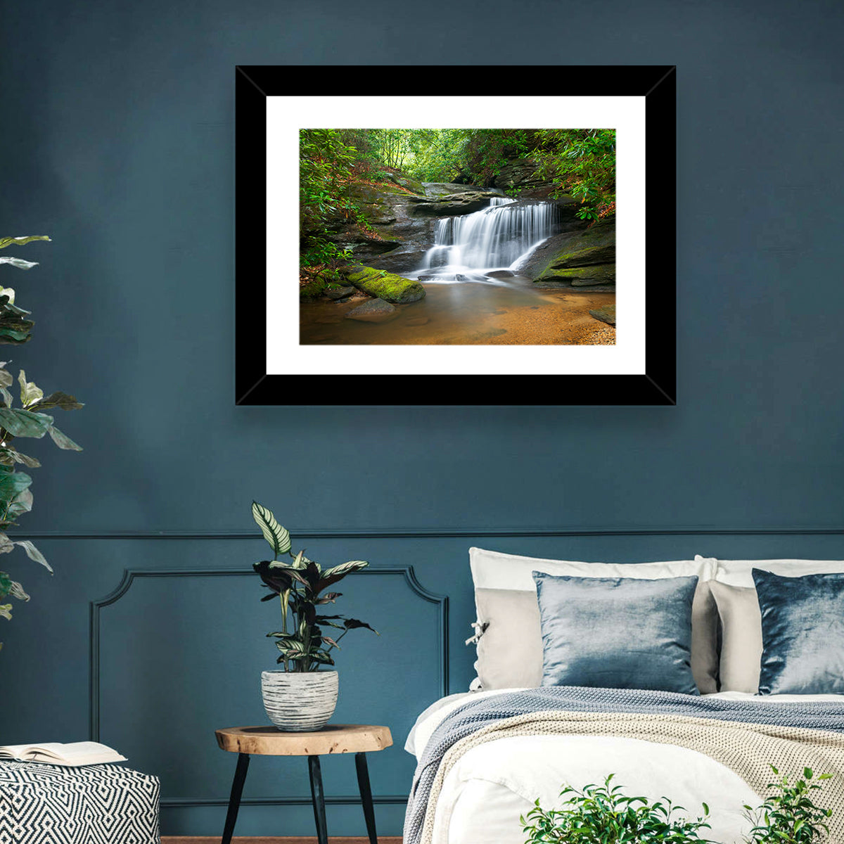 Blue Ridge Mossy Waterfall Wall Art in a room, landscape