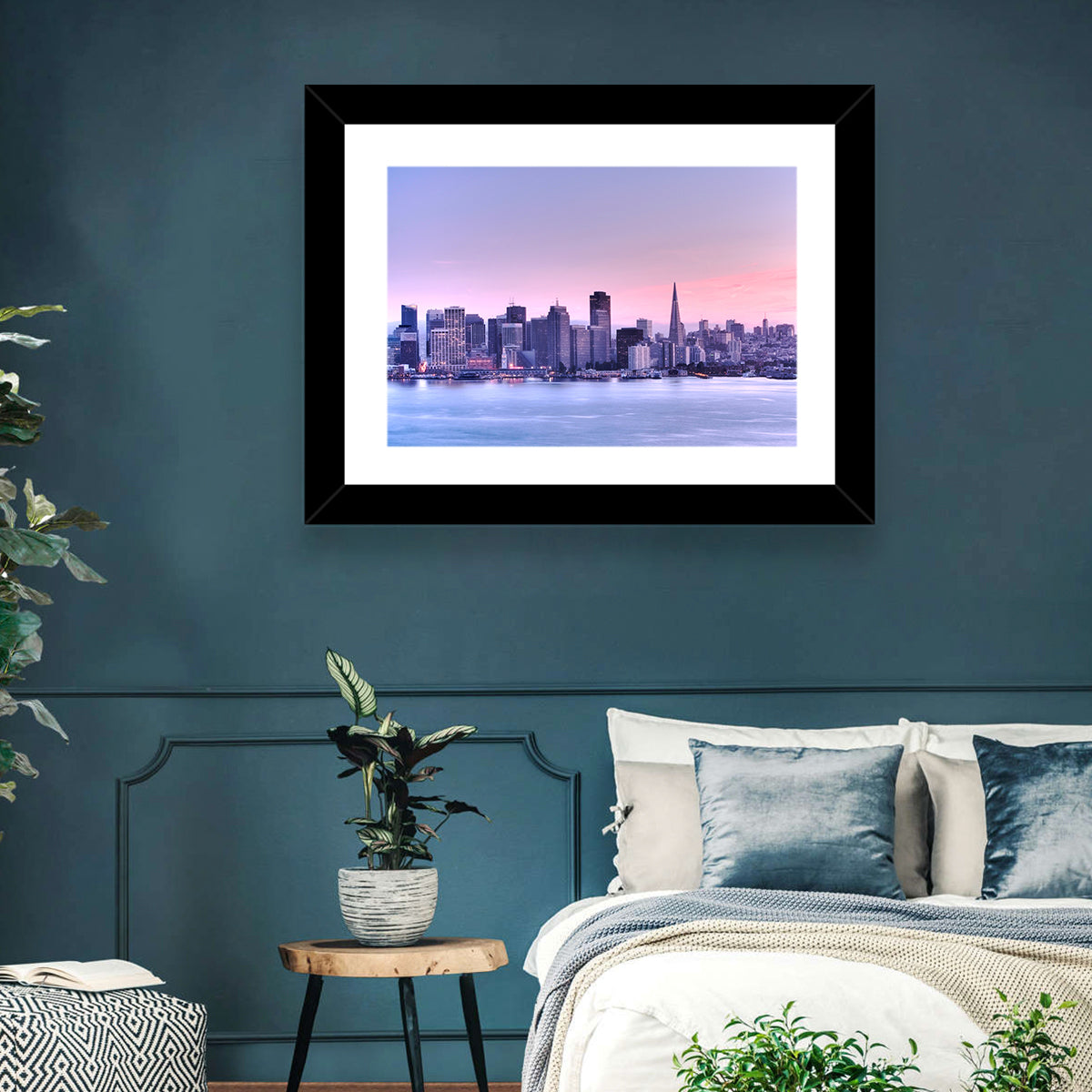 San Francisco Skyline at Lavender Dusk Wall Art in a room, landscape